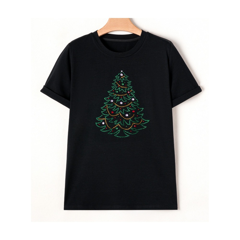 Womens SMALL Tee Rhinestone Christmas Tree Black Short Sleeve NWT Holiday